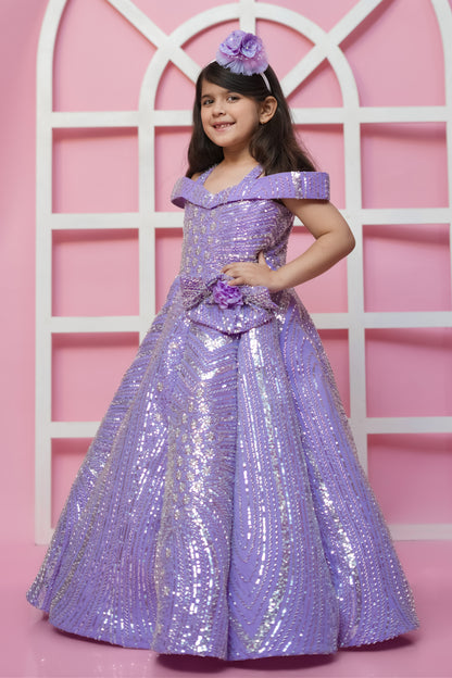 Mauve Sequin Gown With Cold Shoulder And Handmade Flower