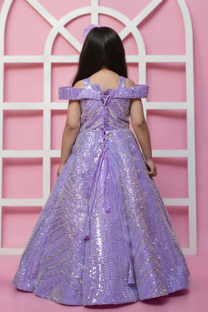 Mauve Sequin Gown With Cold Shoulder And Handmade Flower