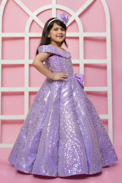 Mauve Sequin Gown With Cold Shoulder And Handmade Flower