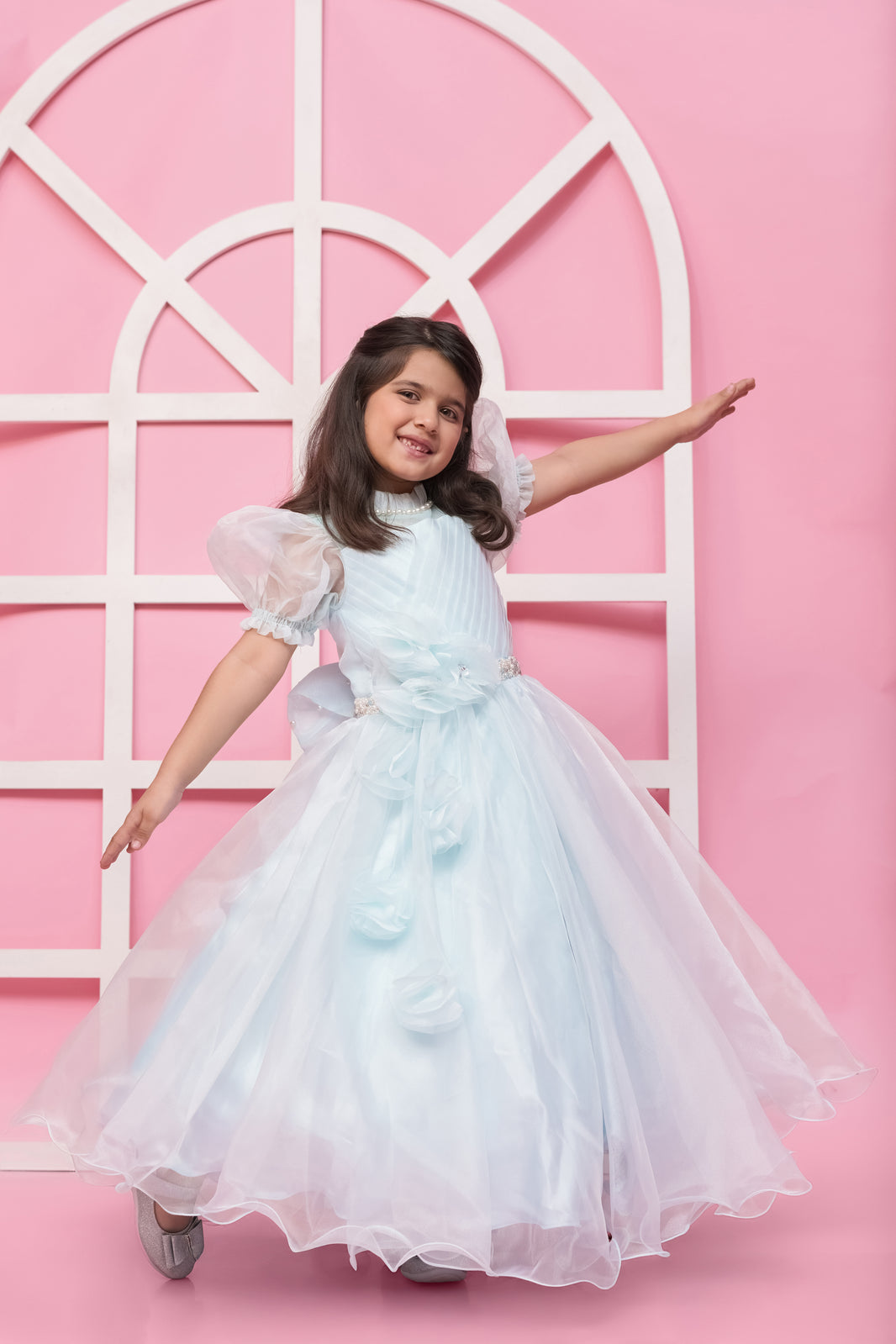 Sky Blue Organza Gown With Puff Sleeves