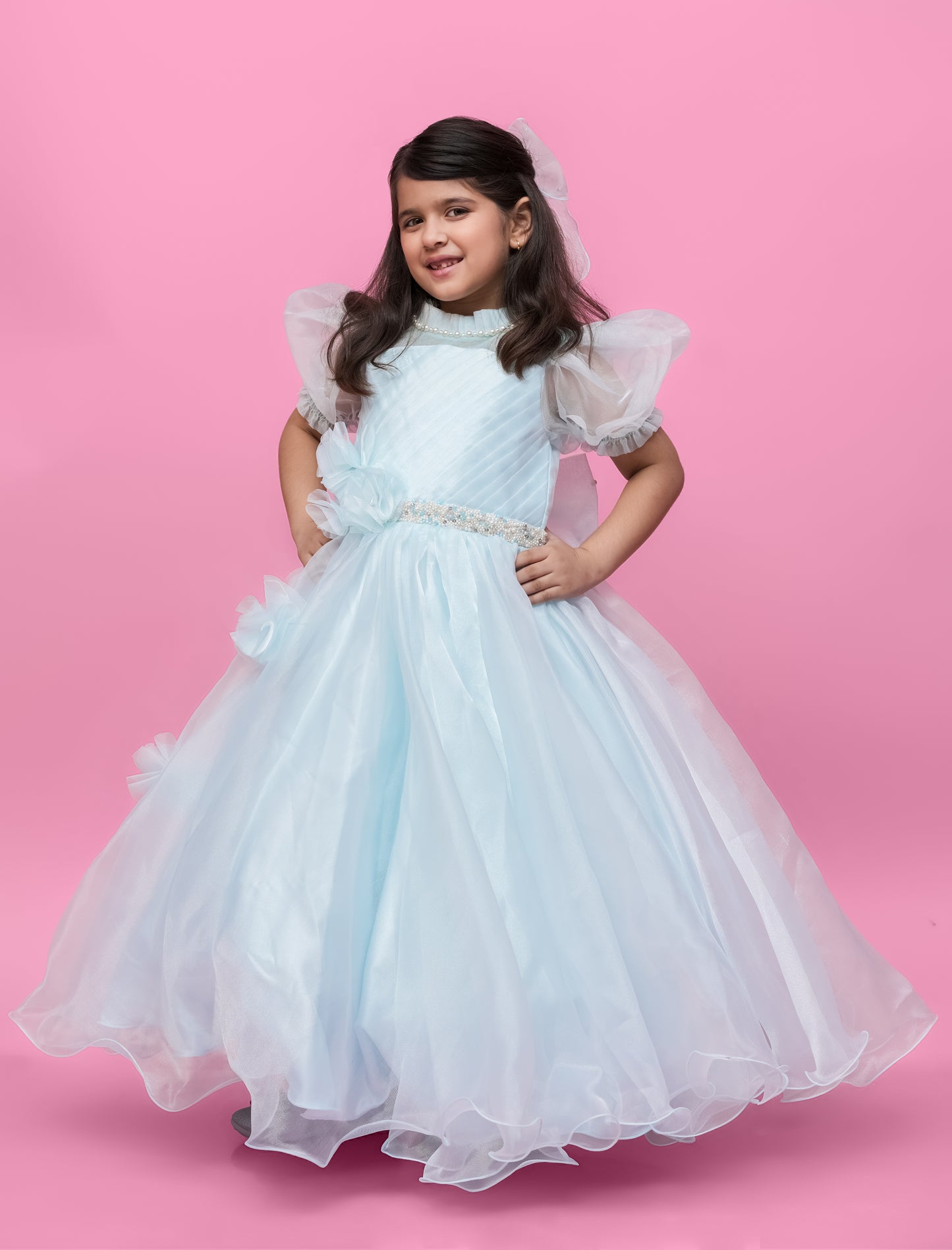 Sky Blue Organza Gown With Puff Sleeves