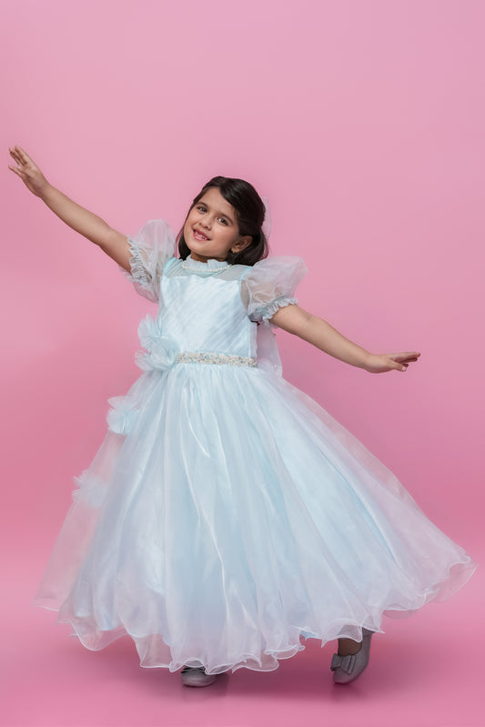 Sky Blue Organza Gown With Puff Sleeves