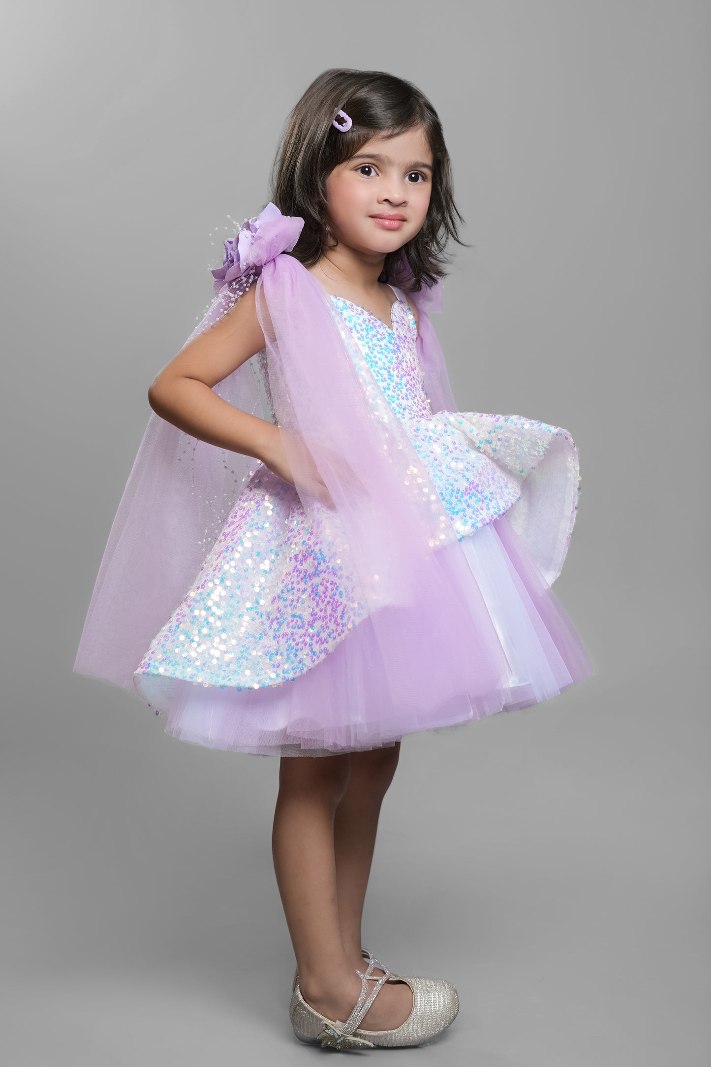 Mauve Sequin Dress With Shoulder Bow