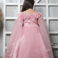 Pink Flared Gown With Handmade Flower And Flowing Open Sleeves
