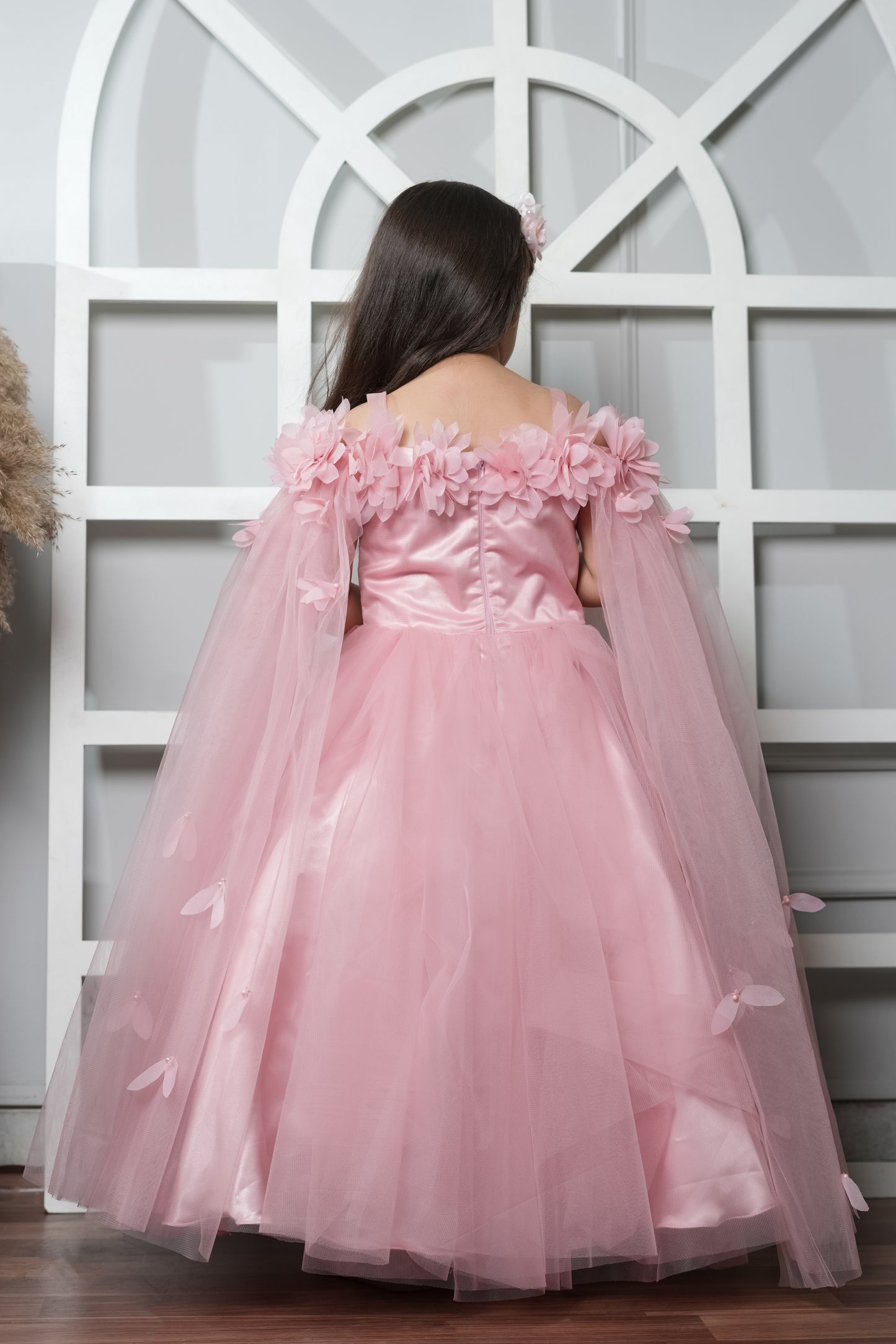 Pink Flared Gown With Handmade Flower And Flowing Open Sleeves