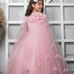 Pink Flared Gown With Handmade Flower And Flowing Open Sleeves