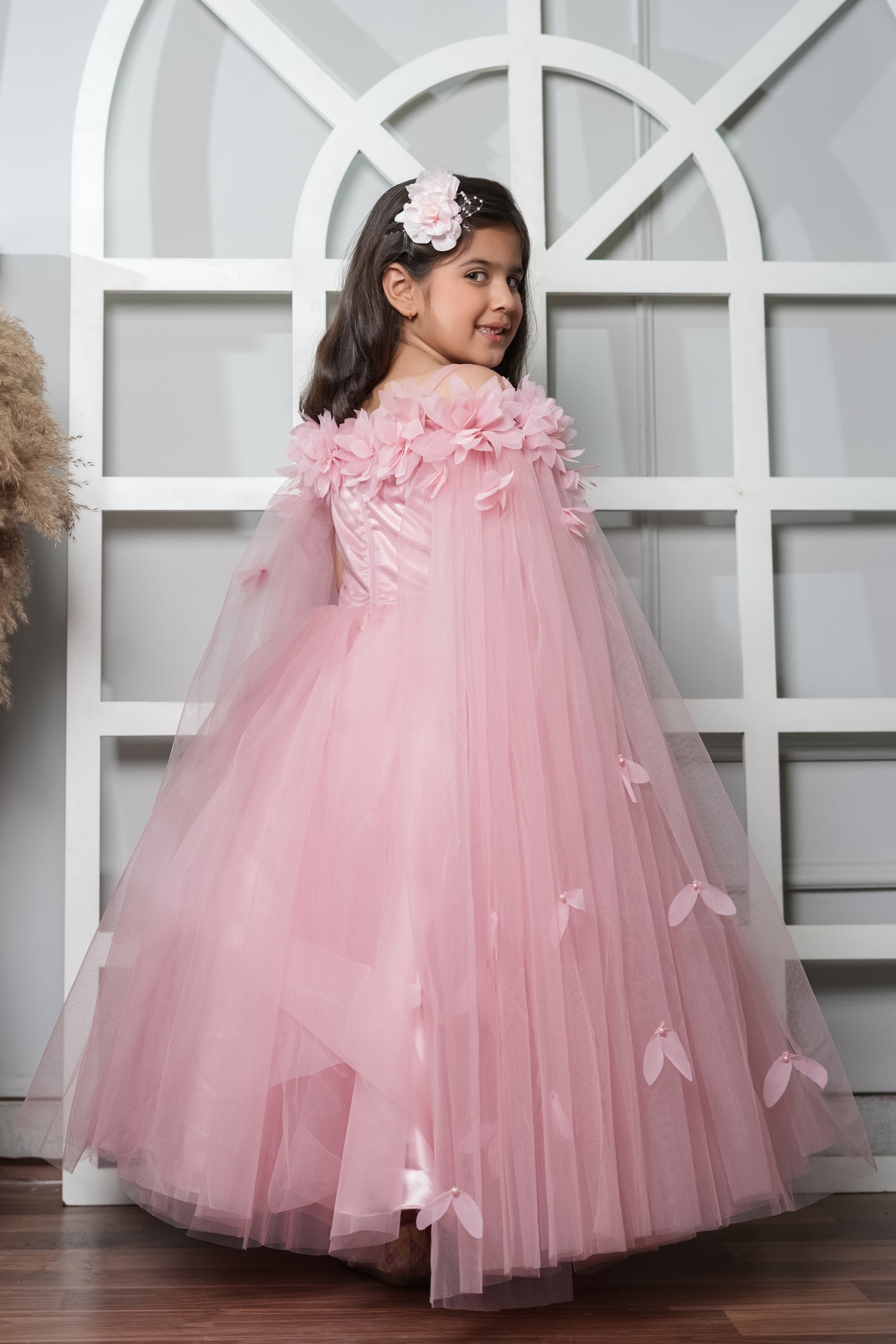 Pink Flared Gown With Handmade Flower And Flowing Open Sleeves