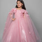 Pink Flared Gown With Handmade Flower And Flowing Open Sleeves