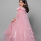 Pink Flared Gown With Handmade Flower And Flowing Open Sleeves