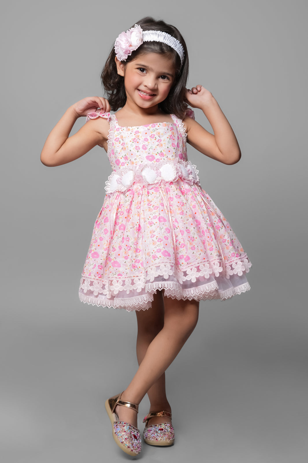 Floral Printed Dress Embellished With Flower Belt