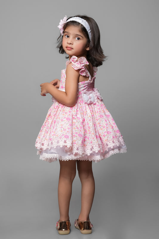 Floral Printed Dress Embellished With Flower Belt