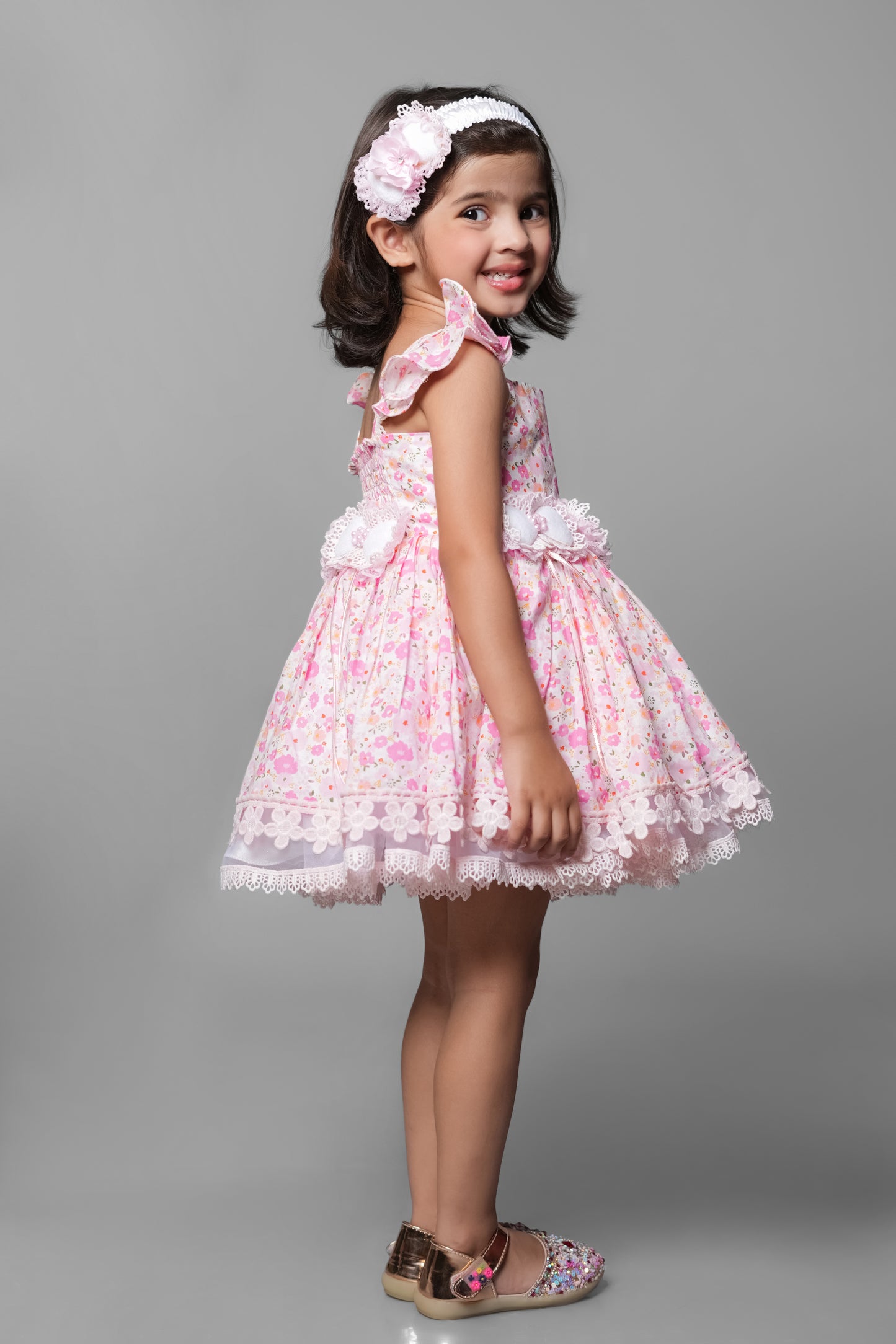 Floral Printed Dress Embellished With Flower Belt