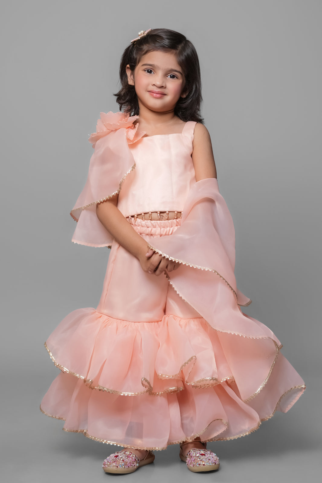 Peach Gharara With Flower Dupatta