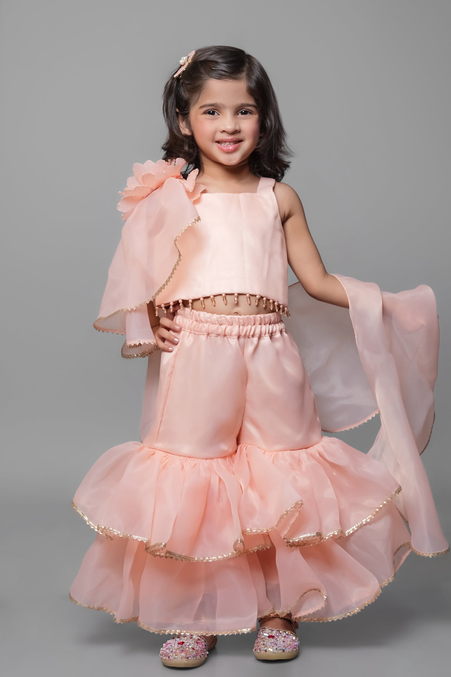 Peach Gharara With Flower Dupatta