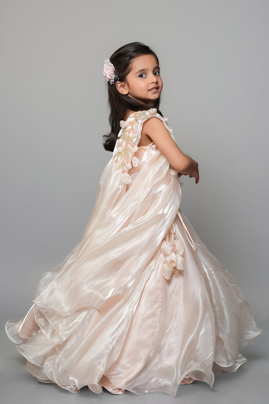 Peach Lehenga Set With Embroidery And Handmade Flower Embellishment