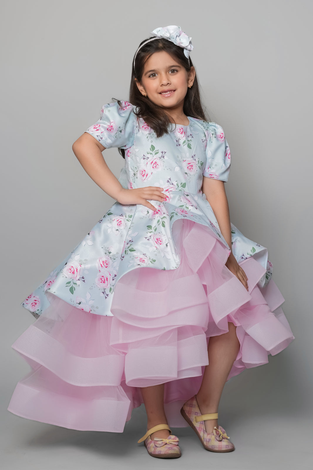 Printed Glaze Cotton Asymmetric Gown With Net And Handmade Detachable Butterfly At The Back