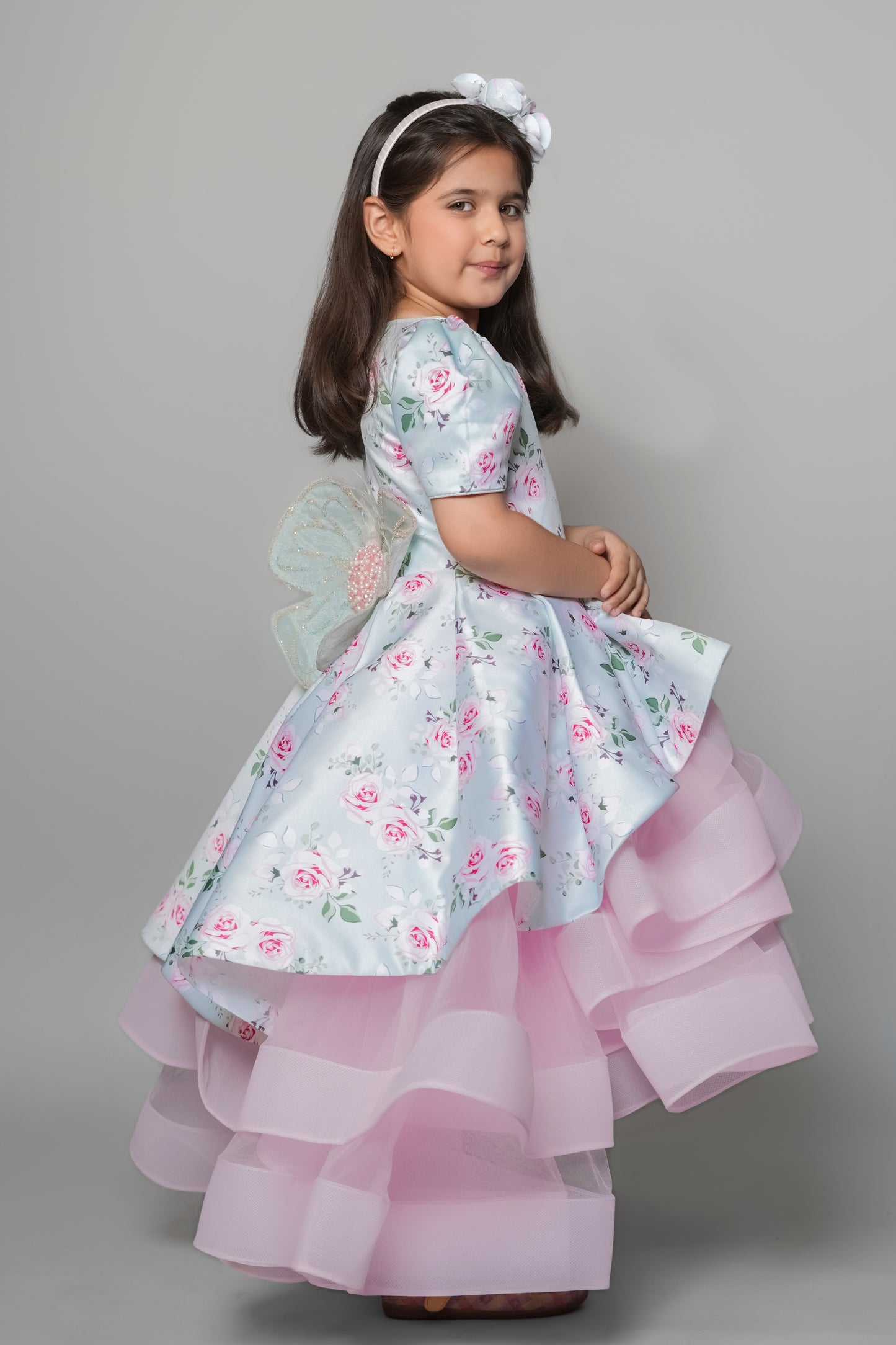 Printed Glaze Cotton Asymmetric Gown With Net And Handmade Detachable Butterfly At The Back