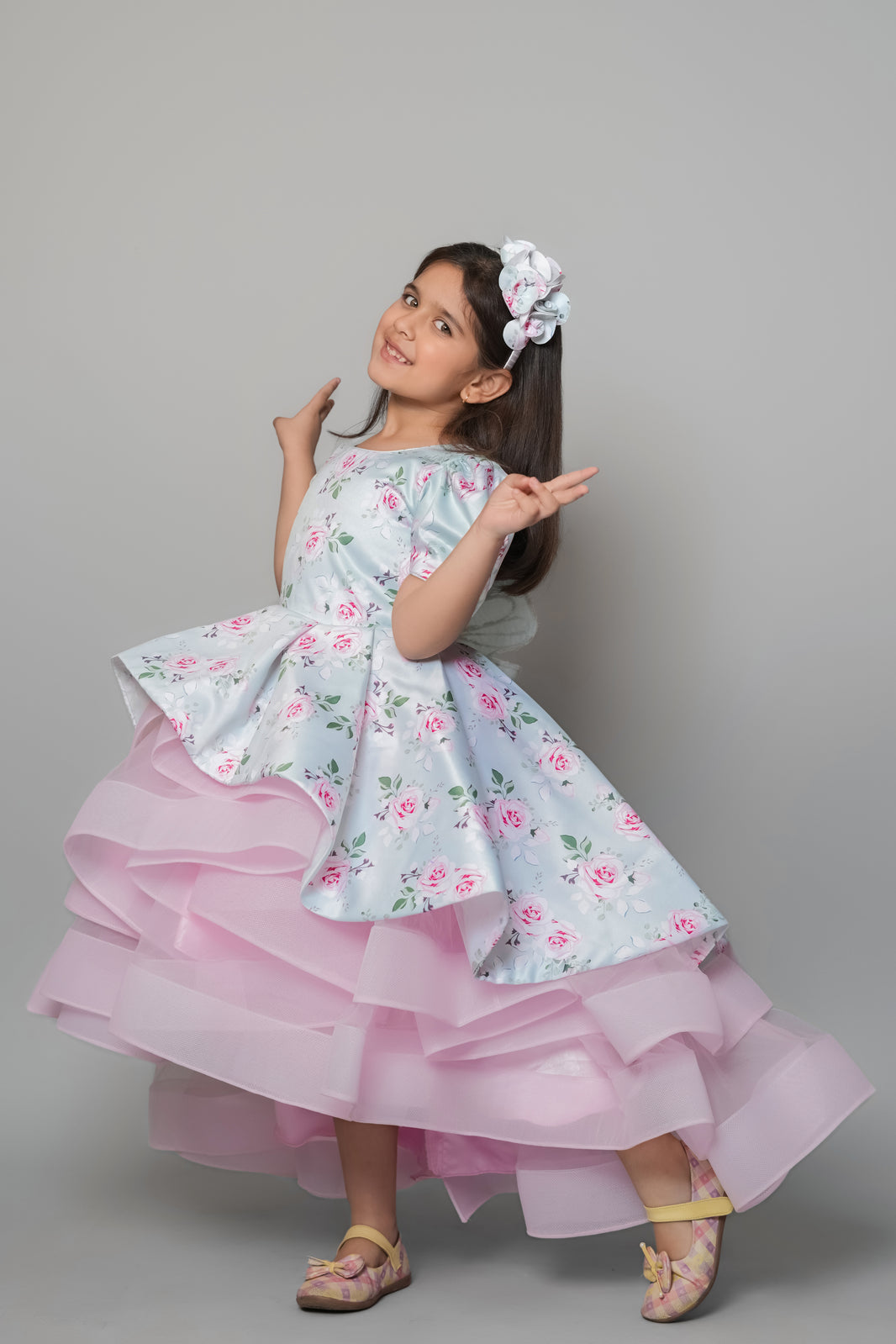 Printed Glaze Cotton Asymmetric Gown With Net And Handmade Detachable Butterfly At The Back