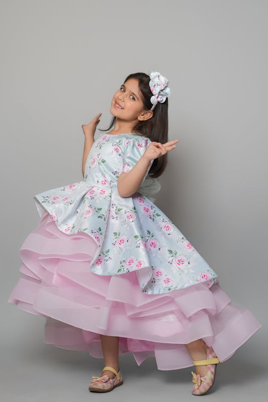 Printed Glaze Cotton Asymmetric Gown With Net And Handmade Detachable Butterfly At The Back