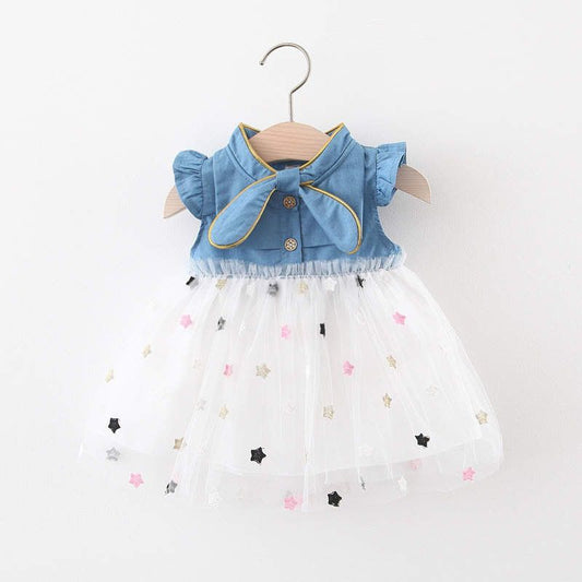 Girls' Denim Sleeveless Dress with Star-Net Skirt – White
