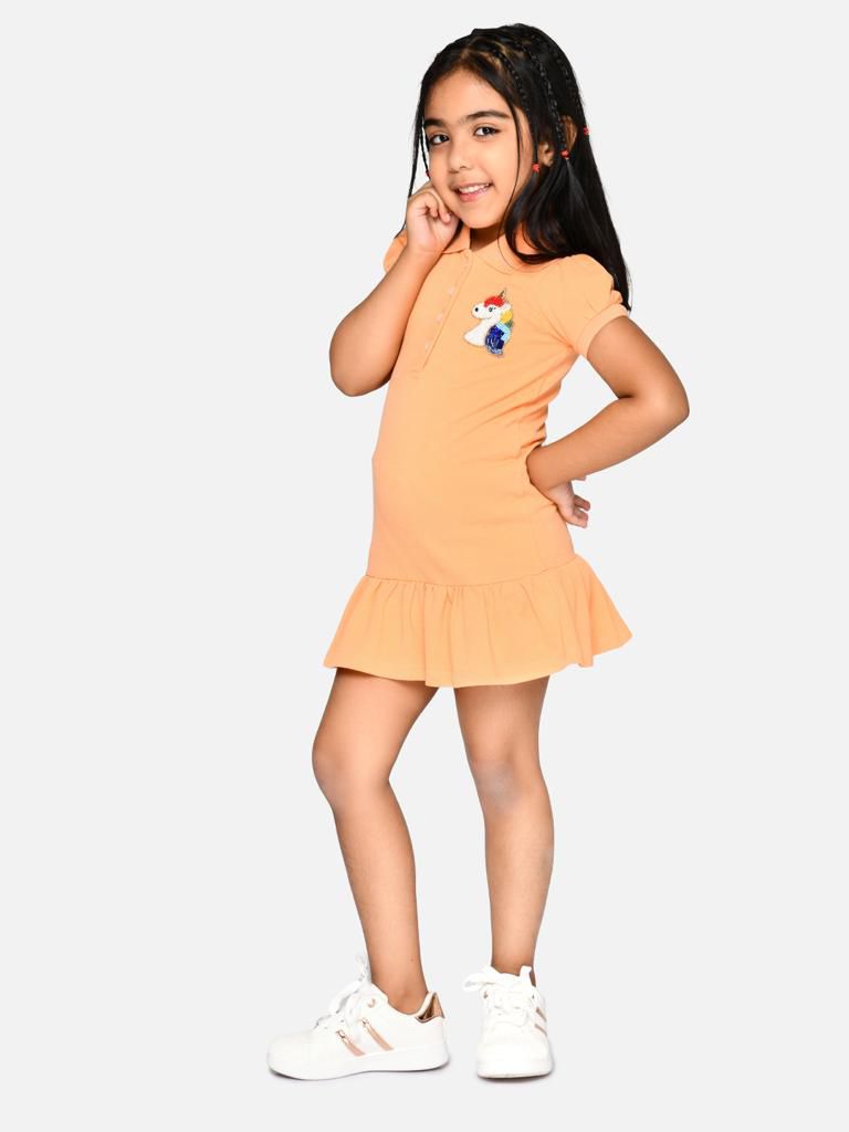 Peach Polo Dress With Ruffles At Hem And Hand-Embellished Colourful Unicorn Motif
