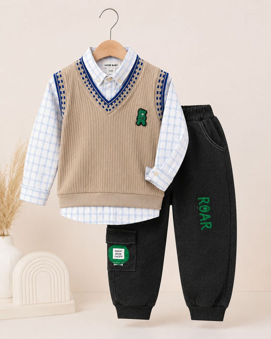 Baby Boy Check Print Shirt Pants & Sweater Set