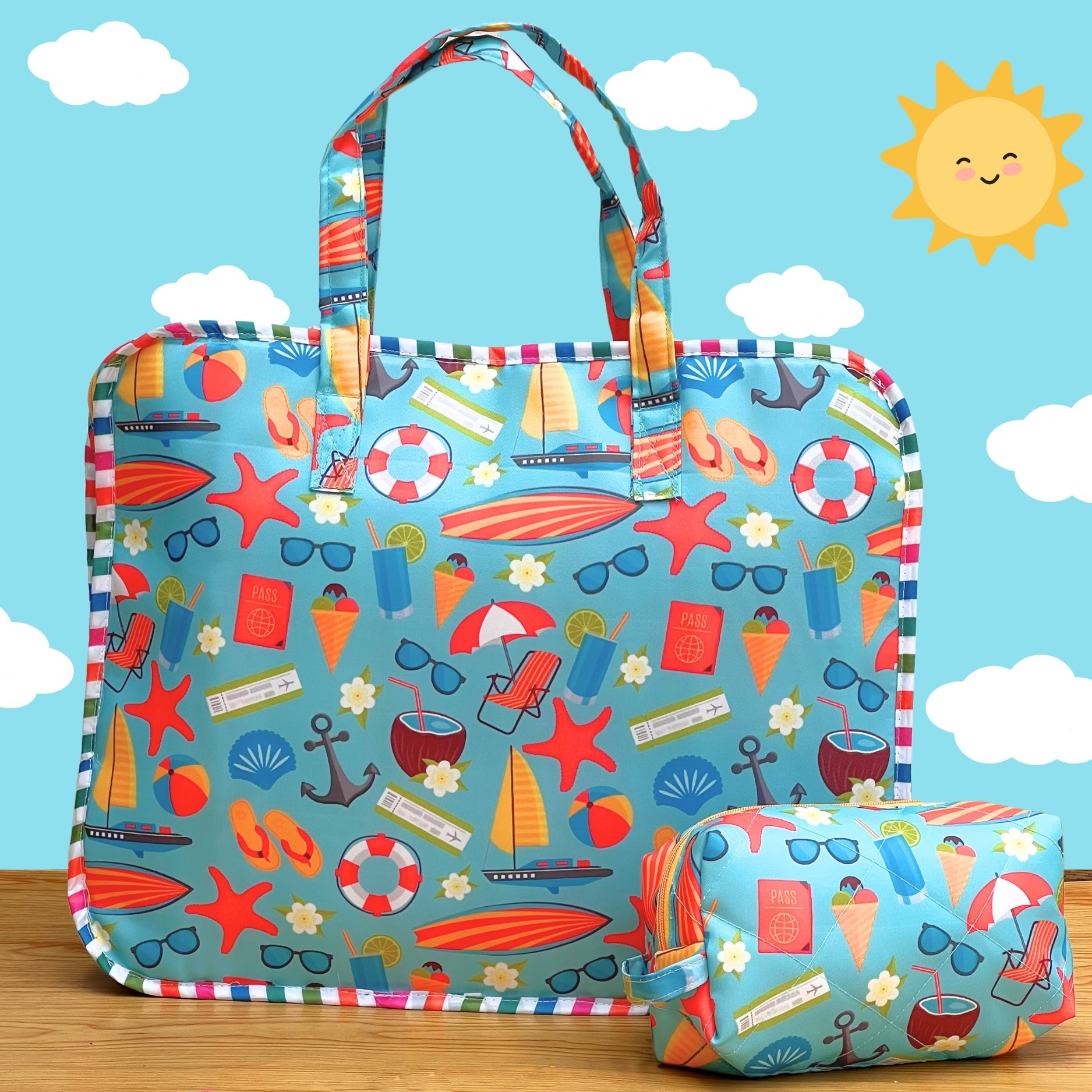 colorful duffel bag with a summer theme