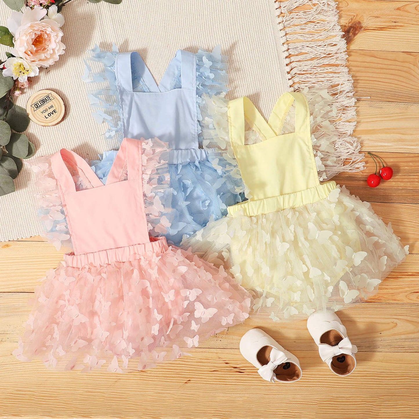 Baby Girl Butterfly Tulle Romper Dress – Yellow