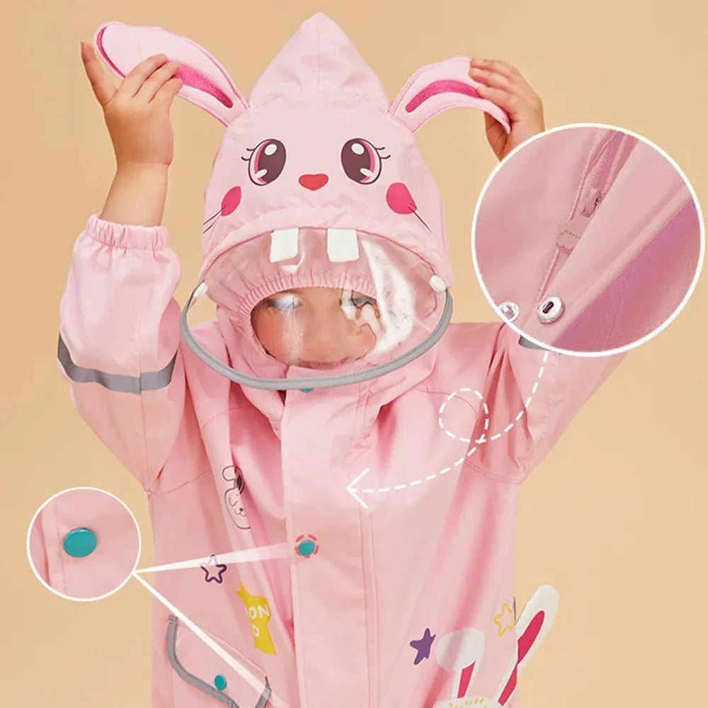 Baby Pink Rabbit Theme All Over Jumpsuit / Playsuit Raincoat for Kids - Little Surprise BoxBaby Pink Rabbit Theme All Over Jumpsuit / Playsuit Raincoat for Kids