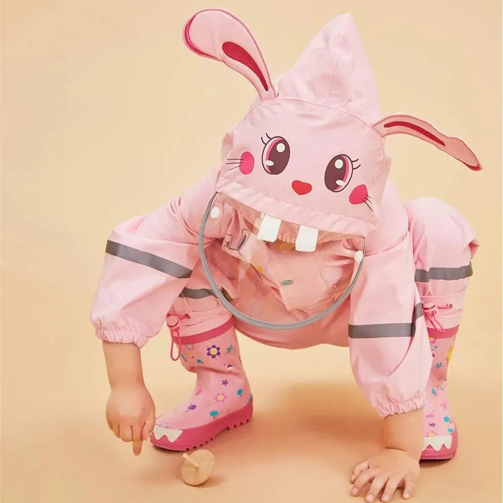 Baby Pink Rabbit Theme All Over Jumpsuit / Playsuit Raincoat for Kids - Little Surprise BoxBaby Pink Rabbit Theme All Over Jumpsuit / Playsuit Raincoat for Kids