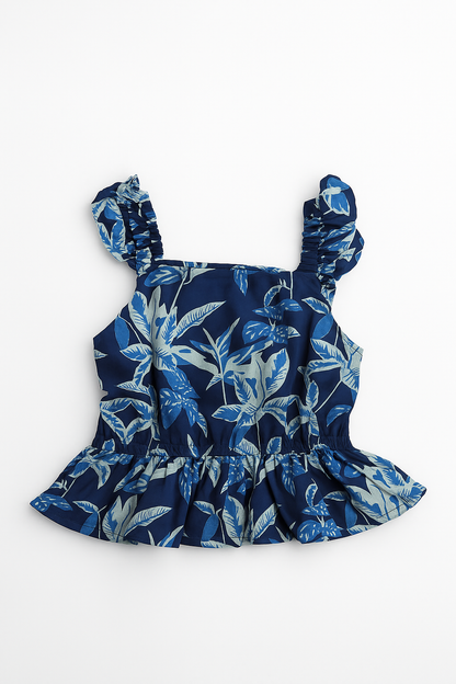 Tropical Twilight Flutter-Shoulder Top & Blossom Shorts Set