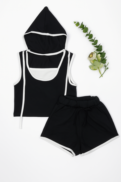 Sleeveless Hooded T-Shirt and Shorts Clothing Set For Girls