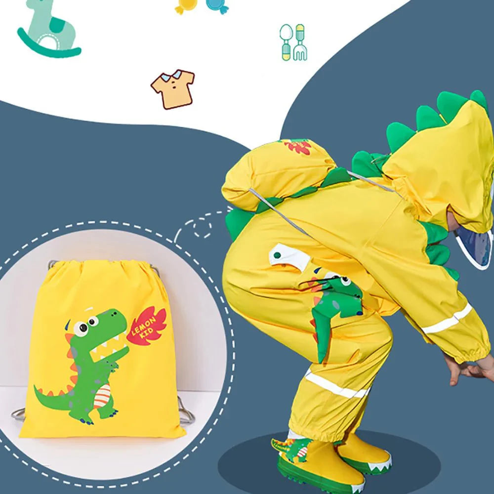 Bright Yellow 3D Dino Theme All Over Jumpsuit / Playsuit Raincoat for Kids - Little Surprise BoxBright Yellow 3D Dino Theme All Over Jumpsuit / Playsuit Raincoat for Kids