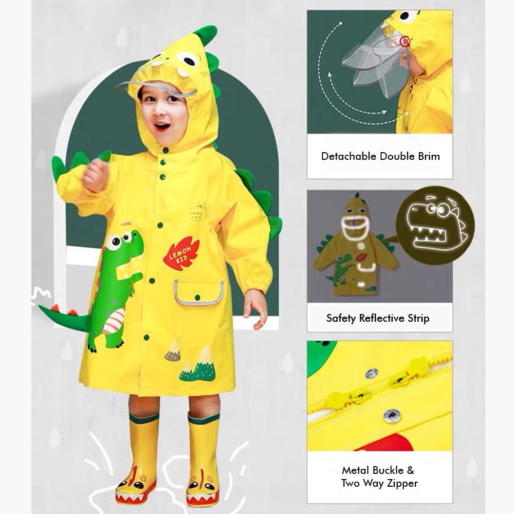 Bright Yellow 3d Dino Theme Raincoat for Kids - Little Surprise Box