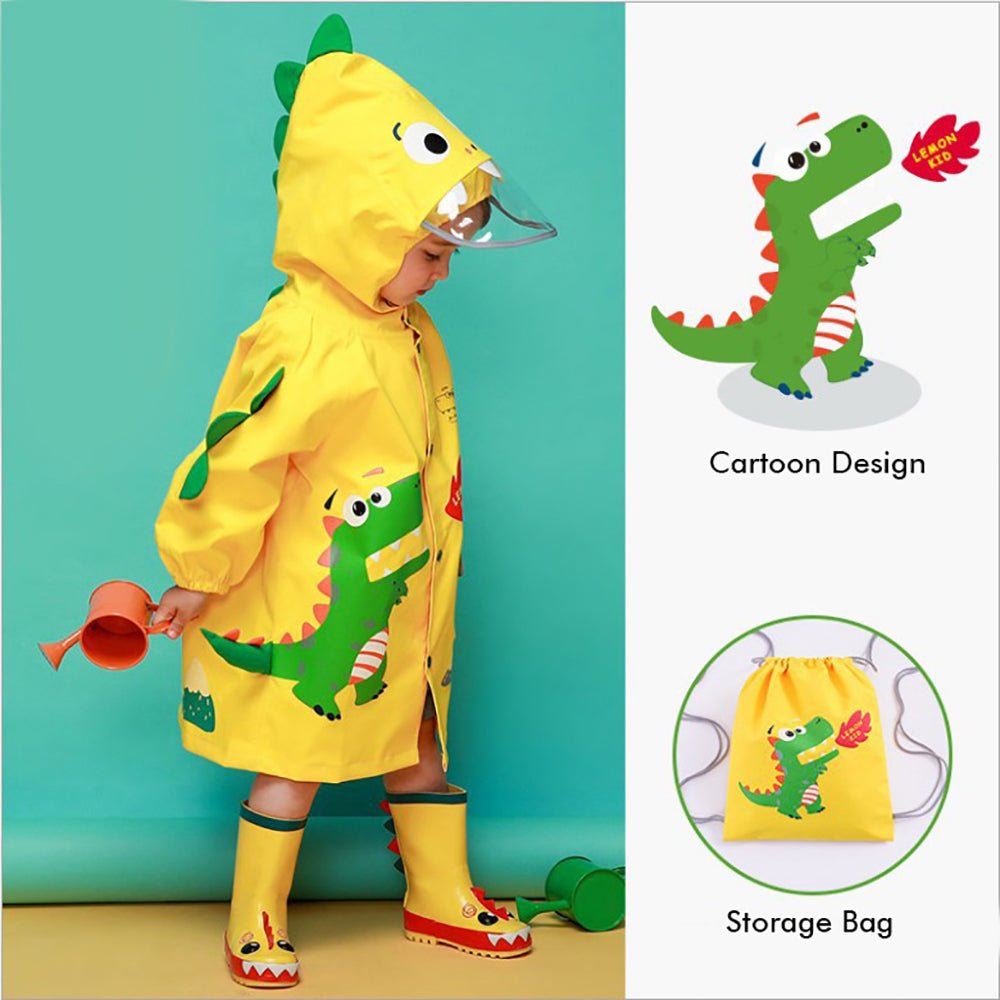 Bright Yellow 3d Dino Theme Raincoat for Kids - Little Surprise Box