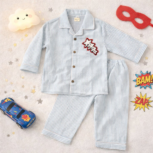 Blue Striped Cotton Night Suit with Star Patch