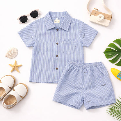 Blue Striped Cotton Co-ord Set | Shirt & Shorts Summer Outfit for Boys