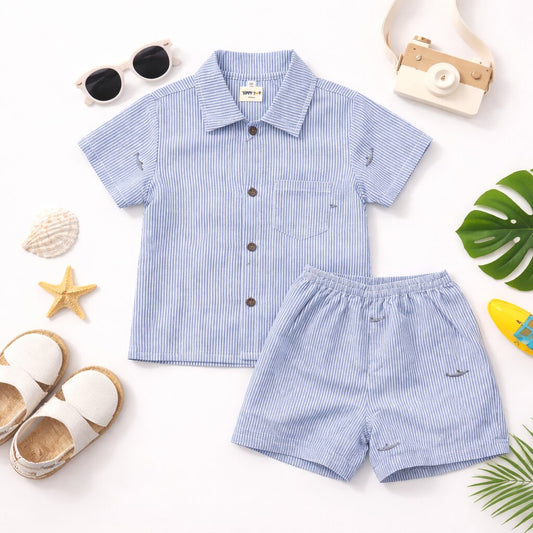Blue Striped Cotton Co-ord Set | Shirt & Shorts Summer Outfit for Boys
