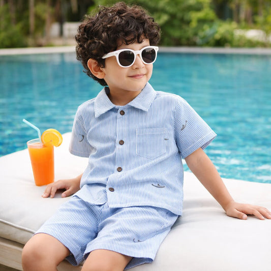 Blue Striped Cotton Co-ord Set | Shirt & Shorts Summer Outfit for Boys