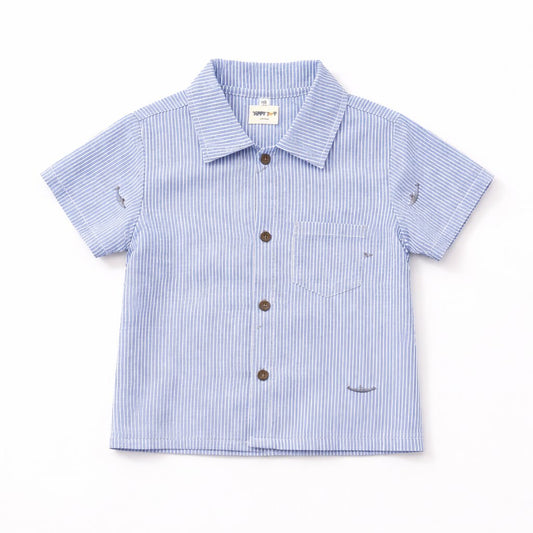 Blue Striped Cotton Co-ord Set | Shirt & Shorts Summer Outfit for Boys