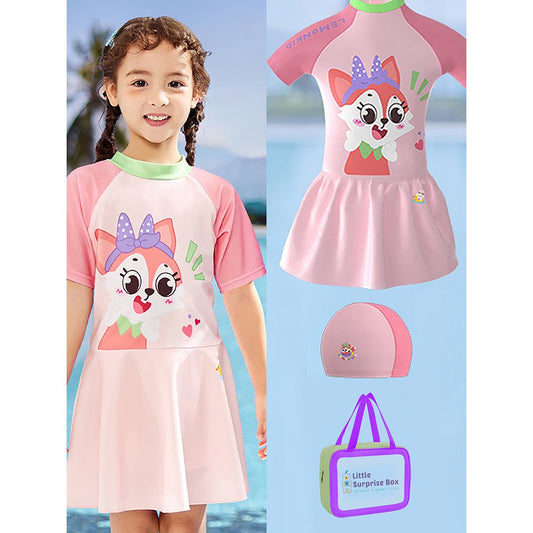 Cute Foxy Frock style Kids Swimwear with attached shorts and matching Swim Cap for kids with UPF 50+ - Little Surprise BoxCute Foxy Frock style Kids Swimwear with attached shorts and matching Swim Cap for kids with UPF 50+