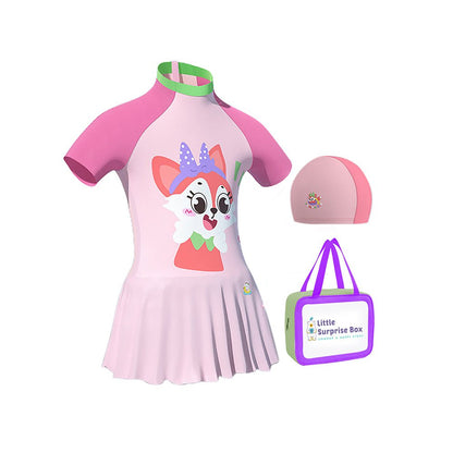 Cute Foxy Frock style Kids Swimwear with attached shorts and matching Swim Cap for kids with UPF 50+  - Little Surprise BoxCute Foxy Frock style Kids Swimwear with attached shorts and matching Swim Cap for kids with UPF 50+ 