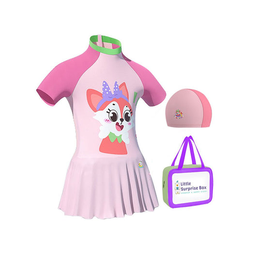 Cute Foxy Frock style Kids Swimwear with attached shorts and matching Swim Cap for kids with UPF 50+  - Little Surprise BoxCute Foxy Frock style Kids Swimwear with attached shorts and matching Swim Cap for kids with UPF 50+ 