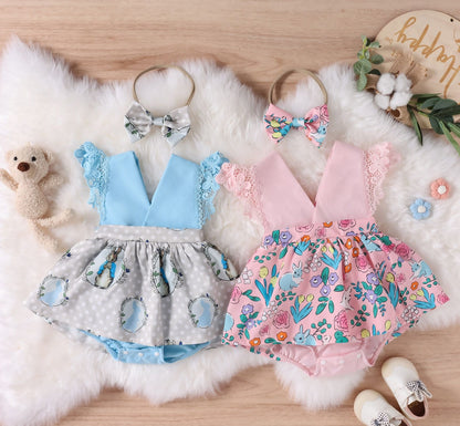 Baby Girl Ruffled Lace Cartoon Romper Dress with Headband – Pink