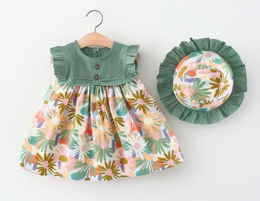 Flower Frock With Hat Green for kids