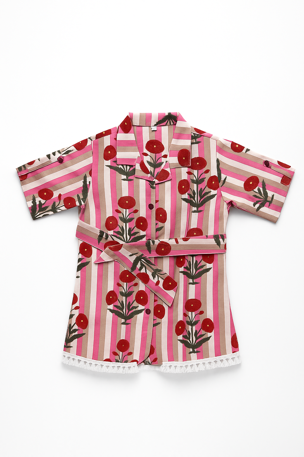 Poppy Stripe Tie‐Waist Shirt & Tassel-Hem Pant Set