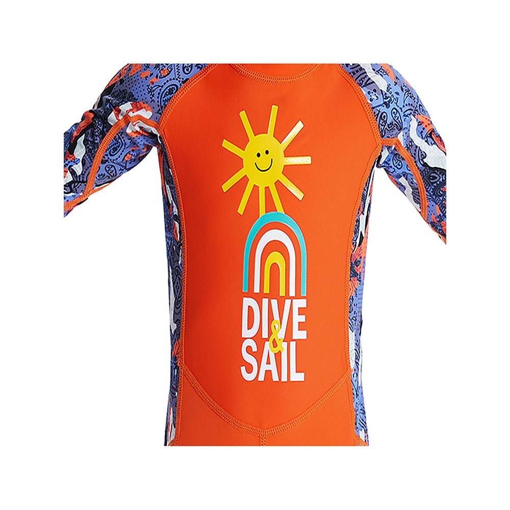 Full Sleeves Kids Swimwear Bright Orange & Blue Sunshine Printed Full Length,with UPF 50+ - Little Surprise BoxFull Sleeves Kids Swimwear Bright Orange & Blue Sunshine Printed Full Length,with UPF 50+