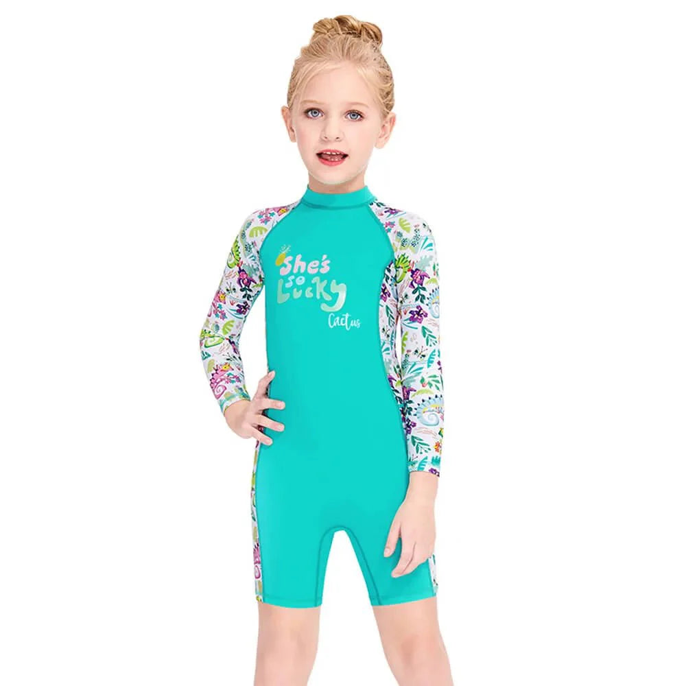 Full Sleeves Kids Swimwear Mint Green Woodland Printed Knee Length UPF 50+ - Little Surprise Box