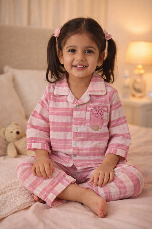 girl seen wearing a cotton nightsuit in pink color with beautiful ice cream patch on pocket placemnt

