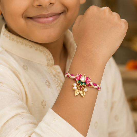 A young boy wearing a cream-colored embroidered kurta and a colorful Rakhi bracelet with a gold-toned floral charm, posed in a warm, festive indoor setting with lit candles in the background.